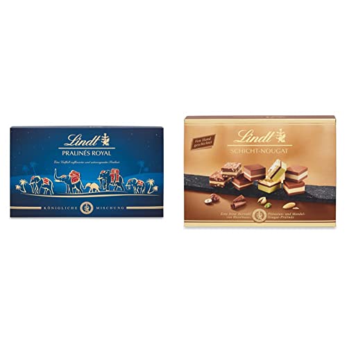 Lindt Schokolade - Royal Pralinen | 300 g & Schokolade - Schicht-Nougat Pralinen | 125 g | Pralinés-Schachtel mit 12 von Hand geschichteten Mandel-, Haselnuss- und Pistazien-Nougat Spezialitäten von Lindt