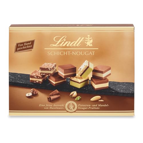 Lindt Schokolade - Schicht Pralinen | 125 g | Pralinés-Schachtel mit 12 von Hand geschichteten Mandel-, Haselnuss- und Pistazien-Nougat Spezialitäten | Pralinengeschenk | Schokoladengeschenk von Lindt