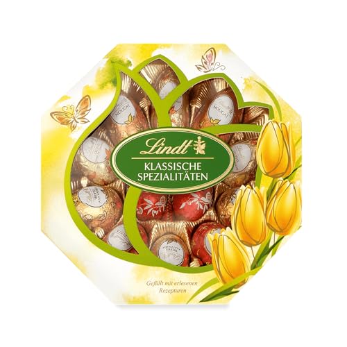 Lindt Schokolade Spezialitäten Eier | 216 g | Vollmilcheier mit und ohne Alkohol (Marc de Champagne, Nougat, Cresta, Vanille Trüffel, LINDOR Milch) | Oster Schokolade | Schokoladengeschenk | Ostereier von Lindt