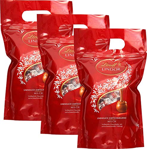 Lindt LINDOR Schokoladen Kugeln Vollmilch | 1 kg Beutel, wiederverschließbar | ca. 80 Schokoladen Kugeln Milch-Schokolade mit zartschmelzender Füllung | Großpackung, Pralinen-Geschenk (3 x 1 kg) von Lindt