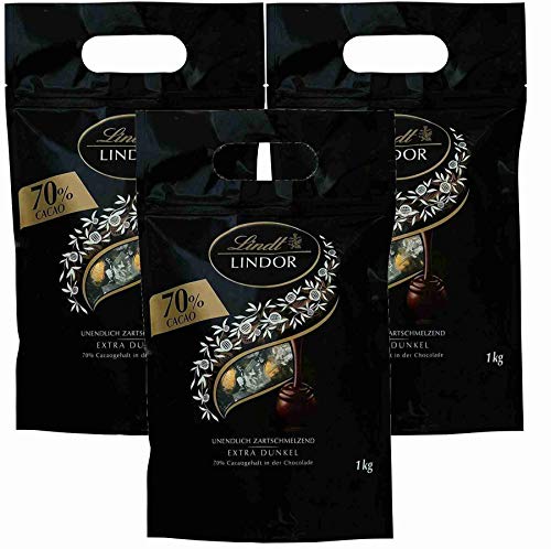 Lindt LINDOR Schokoladen Kugeln extra dunkel | 1 kg Beutel, wiederverschließbar | ca. 80 Kugeln Edelbitterschokolade | Dunkle Schokolade mit 70% Kakao | Großpackung, Pralinen-Geschenk (3 x 1 kg) von Lindt