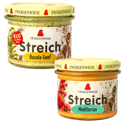 Zwergenwiese Bio Streich Set Mediterran + Rucola Senf | Bio&Vegan Streich| Glutenfreier Streich| gesunder Brotaufstrich| Veganer Streich| Bio Streich (Rucola Senf+Mediterran) von Linecase