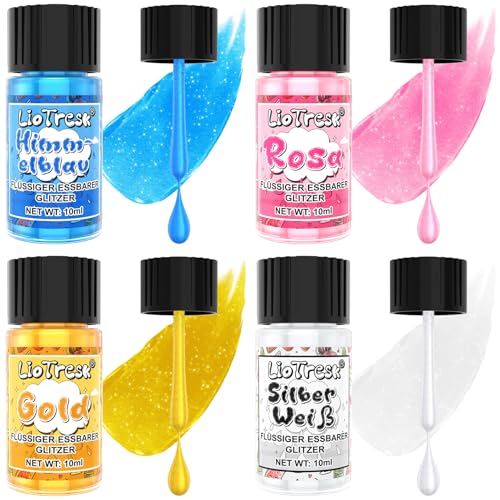 Essbarer Glitzer, 4 Farben Flüssiges Essbarer Glitzer für Getränke Lebensmittelfarben Set, Metallischer Glitzer Essbar für Kuchendekoration, Getränke, Zuckerguss, Cocktails, Erdbeeren - 10ml Essbarer Glitzer, 4 Farben Flüssiges Essbarer Glitzer für Getränke Lebensmittelfarben Set, Metallischer Glitzer Essbar für Kuchendekoration, Getränke, Zuckerguss, Cocktails, Erdbeeren - 10ml von LioTresk