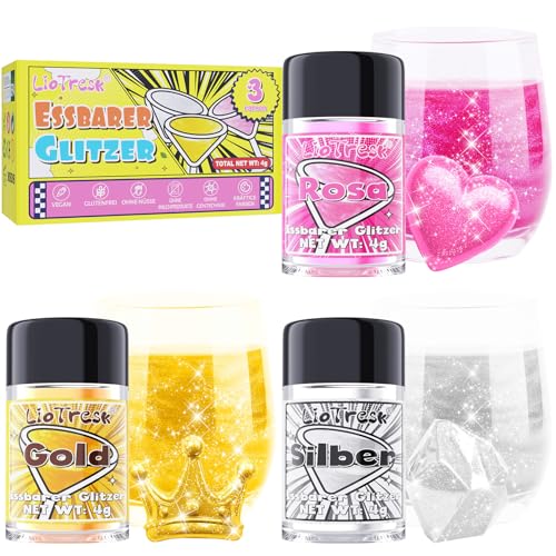 Essbarer Glitzer – 3 Cocktail Essbarer Glitzer für Getränke, Glanz-Lebensmittel Glitzer für Getränke, Glitzer Essbar für Torten Weihnachten, Halloween, Schokolade, Fondant – Gold, Silber, Pink Essbarer Glitzer – 3 Cocktail Essbarer Glitzer für Getränke, Glanz-Lebensmittel Glitzer für Getränke, Glitzer Essbar für Torten Weihnachten, Halloween, Schokolade, Fondant – Gold, Silber, Pink von LioTresk