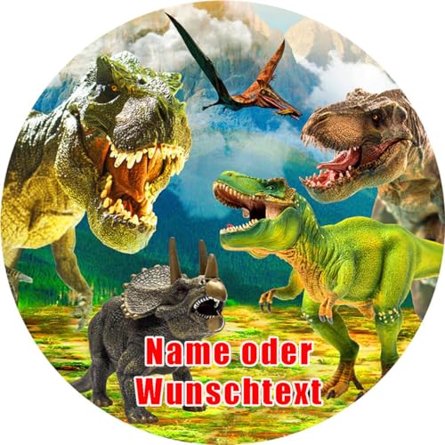 Essbarer Fondant-Tortenaufleger Dino 14 mit Wunschtext selbst gestalten/Größe (Rund) 20 cm Ø/Tortenbild mit eigenem Foto und Text gebrauchsfertig gestanzt von Lion-Decor GmbH