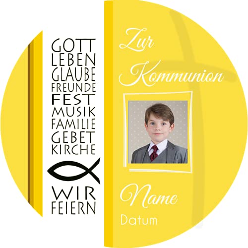 Tortenaufleger KOMMUNION2 I GEBURTSTAG I KONFIRMATION I TAUFE I HOCHZEIT I FIRMUNG... personalisiert mit Wunschtext & Datum/mehr Farben zur Auswahl / 20 cm Ø (gelb) von Lion-Decor GmbH