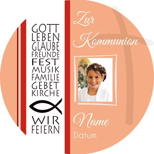 Tortenaufleger KOMMUNION2 I GEBURTSTAG I KONFIRMATION I TAUFE I HOCHZEIT I FIRMUNG... personalisiert mit Wunschtext & Datum/mehr Farben zur Auswahl / 20 cm Ø (rot) von Lion-Decor GmbH