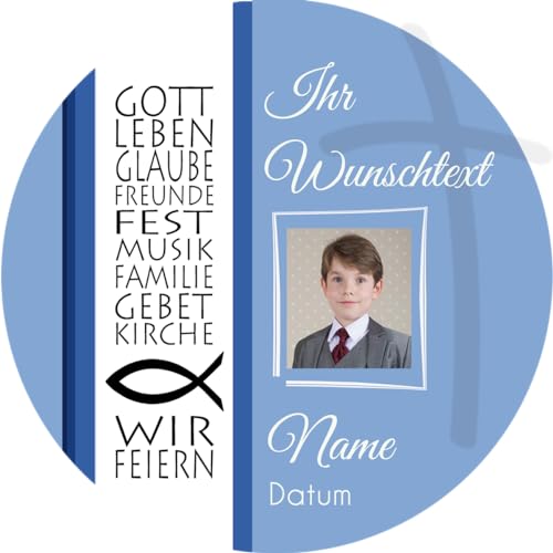 Tortenaufleger KOMMUNION2 I GEBURTSTAG I KONFIRMATION I TAUFE I HOCHZEIT I FIRMUNG... personalisiert mit Wunschtext & Datum/mehr Farben zur Auswahl / 20 cm Ø (blau) von Lion-Decor GmbH