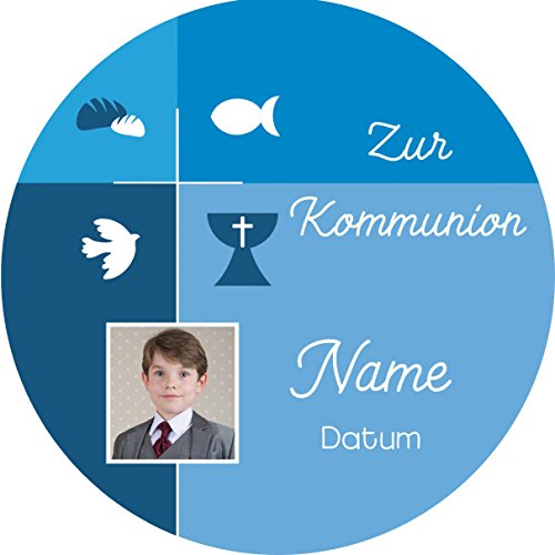 Essbarer Premium Fondant Tortenaufleger Personalisierbar / 20 cm Ø für Kommunion/3 | Taufe | Konfirmation | Firmung zum dekorieren für Torten | Kuchen (blau) von Lion-Decor GmbH