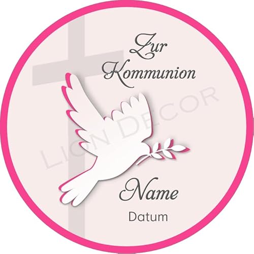 Tortenaufleger Kommunion8 pink mit Name und Datum / 20 cm Ø von Lion-Decor GmbH