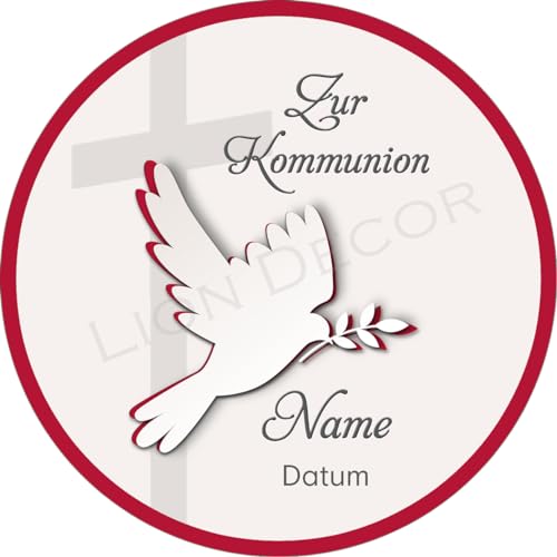 Tortenaufleger Kommunion8 rot mit Name und Datum / 20 cm Ø von Lion-Decor GmbH