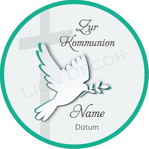 Tortenaufleger Kommunion8 mit Name und Datum türkis / 20 cm Ø Tortenaufleger Kommunion8 mit Name und Datum türkis / 20 cm Ø von Lion-Decor GmbH