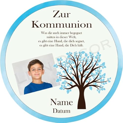 Tortenaufleger Kommunion9 mit Wunschtext und Foto/mehr Farben zur Auswahl / 20 cm Ø (blau) von Lion-Decor GmbH