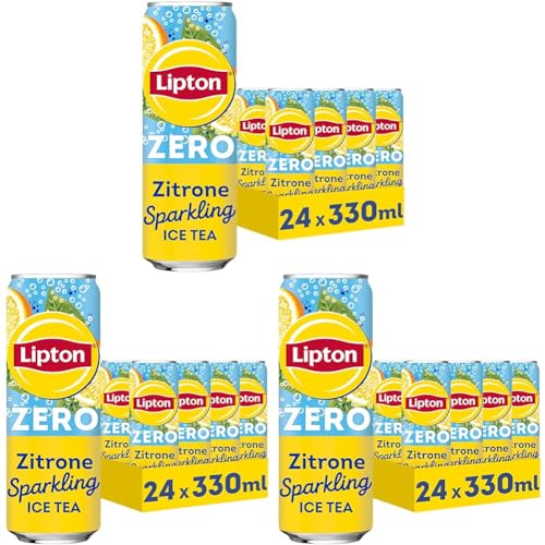 LIPTON ICE TEA Sparkling Lemon Zero, Kohlensäurehaltiger Eistee mit Zitronen Geschmack ohne Zucker, EINWEG Dosen (24 x 0.33 l) (Verpackungsdesign kann abweichen) (Packung mit 3) von Lipton