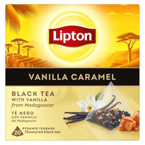 Lipton Schwarztee Vanilla Caramel, mit Vanille aus Madagaskar und Karamellflocken, für einen Moment der puren Zufriedenheit, Pyramidenbeutel, 20 Stück Lipton Schwarztee Vanilla Caramel, mit Vanille aus Madagaskar und Karamellflocken, für einen Moment der puren Zufriedenheit, Pyramidenbeutel, 20 Stück von Lipton