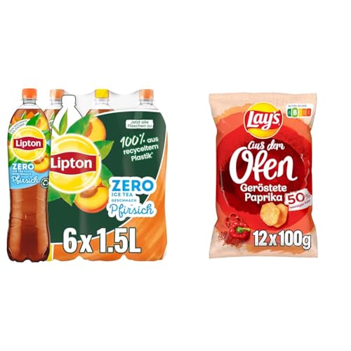 Erfrischender Eistee und Knusprige Chips: LIPTON ICE TEA Zero Pfirsich (6x1,5L) & Lay's aus dem Ofen geröstete Paprika (12x100G) von Lipton
