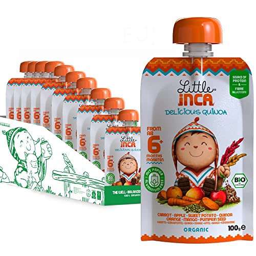Little Inca Happy Orange (6 x 100 g) | Bio-Babynahrung auf pflanzlicher Quinoa-Basis, recycelbare Beutel, schont den Darm und fördert die kognitive Entwicklung | Laktosefrei | Ab 6 Monaten von Little Inca