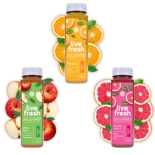 LiveFresh Probierpaket Kaltgepresste Frühstückssäfte 9 x 250 ml - Aus Orangen, Grapefruits & Bodensee Apfel - Ohne Zuckerzusatz - Gekühlt und isoliert geliefert - inkl. 2,25€ Einwegpfand von LiveFresh