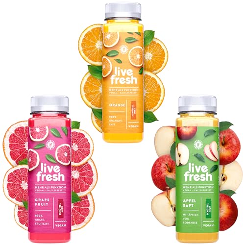 LiveFresh Probierpaket Kaltgepresste Frühstückssäfte 9 x 250 ml - Aus Orangen, Grapefruits & Bodensee Apfel - Ohne Zuckerzusatz - Gekühlt und isoliert geliefert - inkl. 2,25€ Einwegpfand von LiveFresh