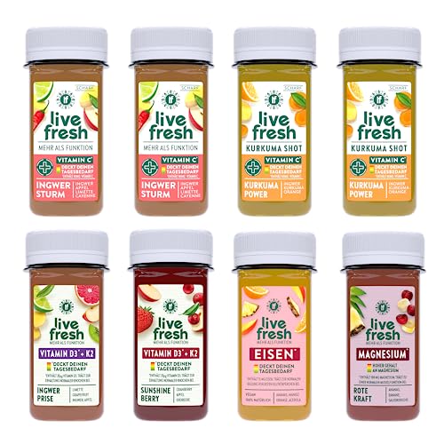 LiveFresh Ingwer Shots Probierpaket (16x60 ml) | 6 Geschmackssorten | Schonend Kaltgepresst | Frische Superfruits wie Ingwer, Kurkuma oder Guarana | Ohne Zucker & Zusätze von LiveFresh