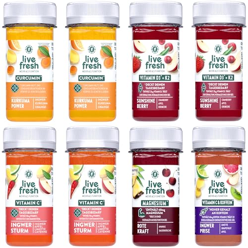 LiveFresh Ingwer Shots Probierpaket (16x60 ml) | 5 Geschmackssorten | Schonend Kaltgepresst | Frische Superfruits wie Ingwer, Kurkuma oder Guarana | Ohne Zucker & Zusätze von LiveFresh