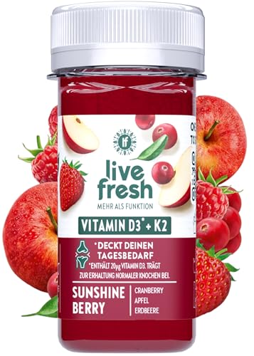 LiveFresh - Vitamin D SHOT - Kaltgepresst & 100% Natürlich - 16x 60ml | Kaltgepresst aus frischem Cranberry, Brombeere, Himbeere, Erdbeere, Apfel | Keine Zusätze, kein zusätzlicher Zucker von LiveFresh