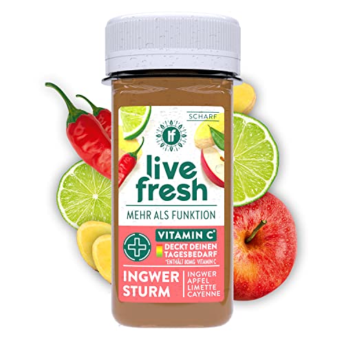 LiveFresh Ingwer Sturm | Ingwer Shot mit Vitamin C | Aus 100% frischem Apfel, Ingwer, Limette & Cayennepfeffer | Natürlich & Kaltgepresst | 16 x 60ml von LiveFresh
