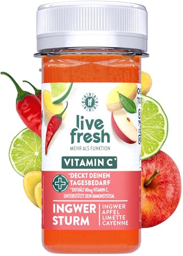 LiveFresh Ingwer Sturm | Ingwer Shot mit Vitamin C | Aus 100% frischem Apfel, Ingwer, Limette & Cayennepfeffer | Natürlich & Kaltgepresst | 16 x 60ml von LiveFresh