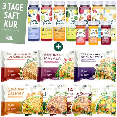 LiveFresh 3 Tage Saftkur + Veganuary Bundle | 7 vegane Fertiggerichte (400g) High Protein & Lower Carb | Saftkur mit 21 Säften (250ml) & 9 Shots (60ml) | Inkl. 5,25€ Pfand von LiveFresh