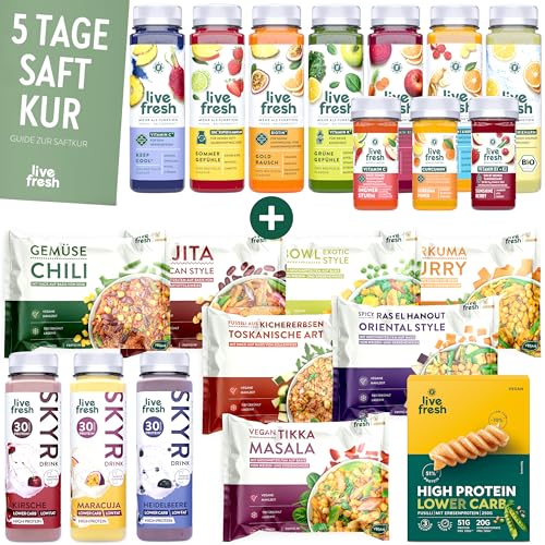 LiveFresh 5 Tage Saftkur + Shape Bundle | High Protein Paket mit 12 Skyr (250ml), 2 Pasta (250g) & 7 Fertiggerichte (400g) | Saftkur mit 35 Säften (250ml) & 15 Shots (60ml) | Inkl. 11,75€ Pfand von LiveFresh