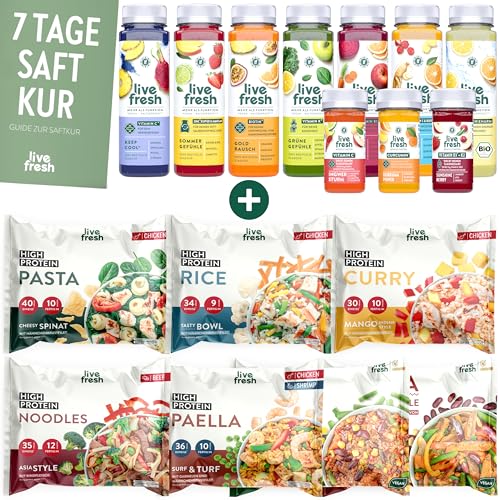 LiveFresh 7 Tage Saftkur + Bowl Bundle | 7 Fertiggerichte (400g) High Protein & Lower Carb | Saftkur mit 49 Säften (250ml) & 21 Shots (60ml) | Inkl. 12,25€ Pfand von LiveFresh