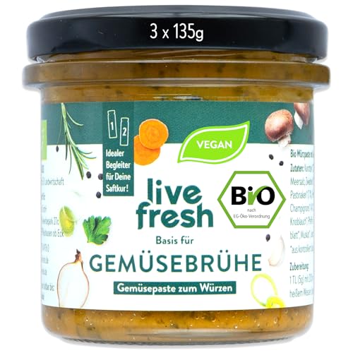 LiveFresh BIO Gemüsebrühe | 3 x vegane Gemüsepaste (135g) ohne Glutamat und Zusätze | Glutenfreie Alternative zur Brühe aus Pulver | Aus Karotten, Sellerie, Zwiebeln, Lauch & Ingwer | DE-ÖKO-006 von LiveFresh