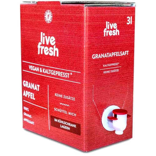 LiveFresh Granatapfel Saftbox Bag-in-Box 3 Liter Vorteilspackung | Aus 100% frischen Granatäpfeln | Kaltgepresst | Ohne Zuckerzusatz & Zusatzstoffe von LiveFresh