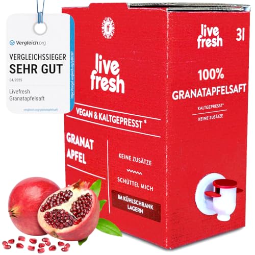LiveFresh 100% Granatapfelsaft Kaltgepresst¹ | 3L Granatapfel Direktsaft ohne Zusätze | Fruchtsaft aus Granatapfelkernen | Höchste Qualität aus eigener Produktion von LiveFresh