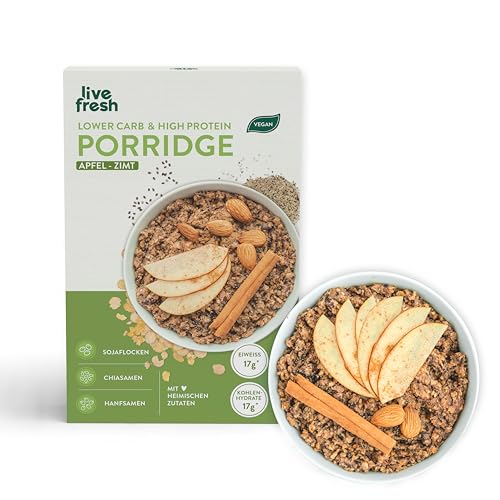 LiveFresh Porridge Apfel-Zimt | Lower Carb & High Protein aus Sojaflocken | Kalorienarm, Proteinreich & ohne Zuckerzusatz | Vegan & Glutenfrei | Aus regionalem Anbau | 420g von LiveFresh