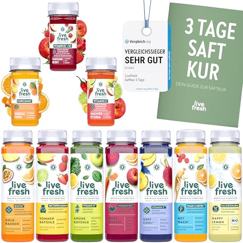 LiveFresh Saftkur 3 Tage | 21 Säfte (250ml) & 9 Shots (60ml) kaltgepresst¹ | 713 Kalorien pro Tag | Vegane Fastenkur | Booklet mit Tipps & Tricks | Frisch gepresste Fruchtsäfte | 5,25€ Pfand von LiveFresh