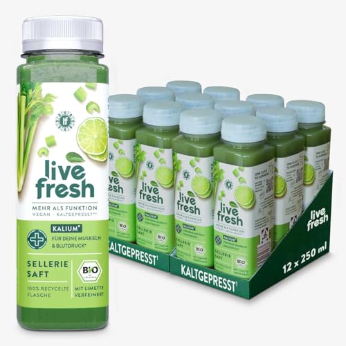 LiveFresh Selleriesaft BIO Kaltgepresst¹ | 97% Selleriesaft, 3% Limettensaft | Ohne Zuckerzusatz | Gemüsesaft mit Kalium, Calcium & Vitamin K | Inkl. 3€ Pfand | 12x250ml | DE-ÖKO-006 von LiveFresh