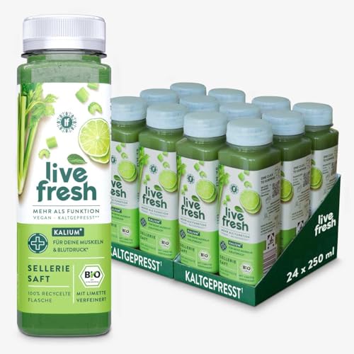 LiveFresh Selleriesaft BIO Kaltgepresst¹ | 97% Selleriesaft, 3% Limettensaft | Ohne Zuckerzusatz | Gemüsesaft mit Kalium, Calcium & Vitamin K | Inkl. 6€ Pfand | 24x250ml | DE-ÖKO-006 von LiveFresh