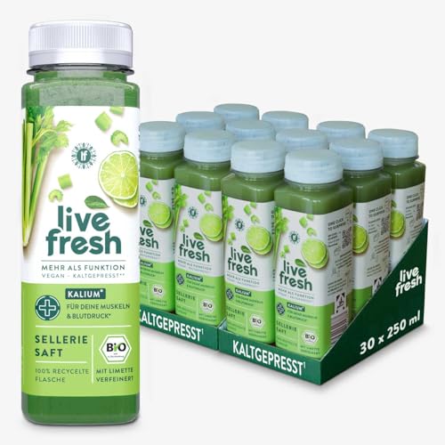 LiveFresh Saftkur BIO Sellerie 2 Wochen | 30 kaltgepresste¹ Selleriesäfte (250ml) | 97% Selleriesaft, 3% Limettensaft | Gemüsesaft ohne Zuckerzusatz | Inkl. 7,50€ Pfand | DE-ÖKO-006 von LiveFresh