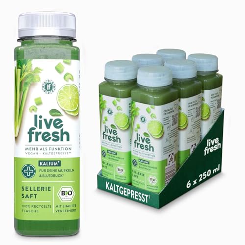 LiveFresh Selleriesaft BIO Kaltgepresst¹ - 6x250ml | 97% Selleriesaft, 3% Limettensaft | Ohne Zuckerzusatz | Gemüsesaft mit Kalium, Calcium & Vitamin K | Inkl. 1,50€ Pfand | DE-ÖKO-006 von LiveFresh