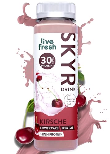 LiveFresh Skyr High Protein Drink Kirsche | Natürliche Protein Shake Alternative ohne Zuckerzusatz | 30g Eiweiß & 0,9g Fett pro Flasche | 12x250ml | Inkl. 3€ Pfand | Gekühlter Expressversand von LiveFresh