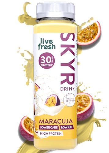 LiveFresh Skyr High Protein Drink Maracuja | Natürliche Protein Shake Alternative ohne Zuckerzusatz | 30g Eiweiß & 0,9g Fett pro Flasche | 12x250ml | Inkl. 3€ Pfand | Gekühlter Expressversand von LiveFresh
