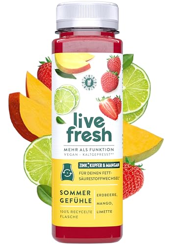 LiveFresh Sommergefühle | 12x250ml kaltgepresster Fruchtsaft aus Äpfeln, Erdbeeren, Mango & Limette | Vegane Fruchtsäfte ohne Zuckerzusatz | Erfrischung aus sommerlichen Früchten | Inkl. 3€ Pfand von LiveFresh