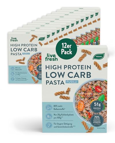 Live Fresh High Protein Low Carb Nudeln | Vegane Vollkorn Fusilli mit 51g Protein | 80% mehr Ballaststoffe & 70% weniger Kohlenhydrate | Low Carb Lebensmittel zum Abnehmen & Muskelaufbau | 12x250g von LiveFresh