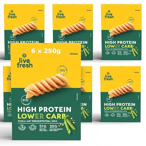 LiveFresh High Protein Low Carb Nudeln | Vegane Vollkorn Fusilli mit 51g Protein | 80% mehr Ballaststoffe & 70% weniger Kohlenhydrate | Low Carb Lebensmittel zum Abnehmen & Muskelaufbau | 6x250g von LiveFresh