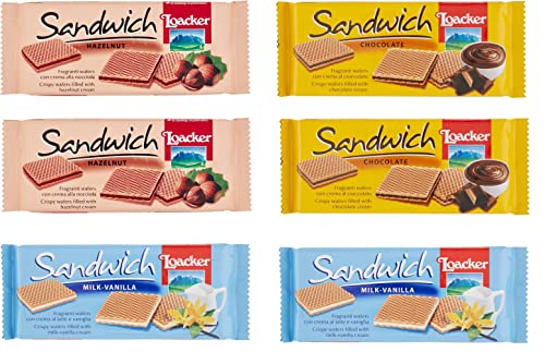 Testpaket Loacker Sandwich Noisette Chocolate Milk Vanille duftende Waffeln 6x 75 g von Loacker