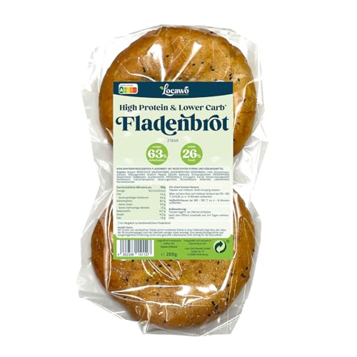 Locawo High Protein & Low Carb Fladenbrot | Dönerbrot | Eiweißbrot | Voller Weizengeschmack | Vegan | ideal für eine eiweißreiche, kalorien- und zuckerreduzierte Ernährung von Locawo