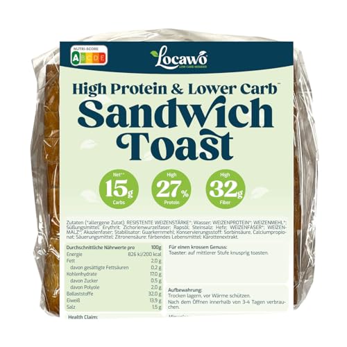 Locawo High Protein & Low Carb Sandwich Toastbrot | Eiweißbrot | Voller Weizengeschmack | Vegan | ideal für eine eiweißreiche, kalorien- und zuckerreduzierte Ernährung von Locawo