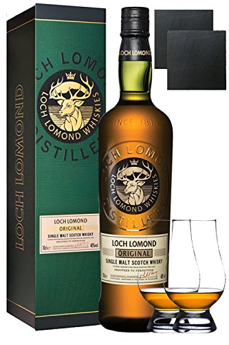 Loch Lomond Single Highland Malt Whisky (Blend) 0,7 Liter + 2 Glencairn Gläser + 2 Schieferuntersetzer quadratisch 9,5 cm von Loch Lomond