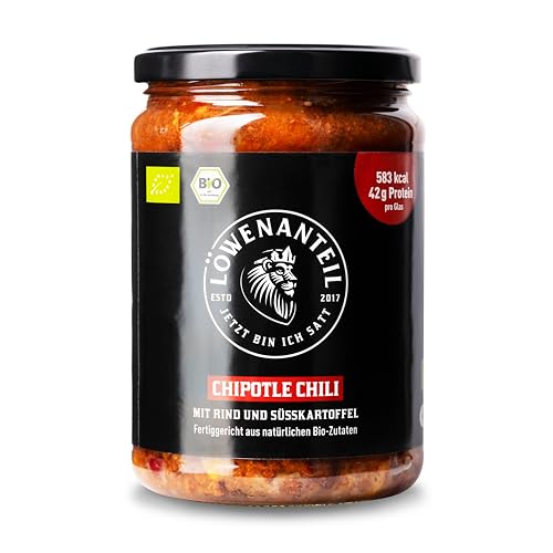 Löwenanteil - 100% Bio-Eintopf CHIPOTLE CHILI - 570g Glas - Proteinreiches Bio-Fertiggericht mit bestem Bio-Rindfleisch & Süßkartoffel - Ohne Zuckerzusatz & Glutenfrei von Löwenanteil